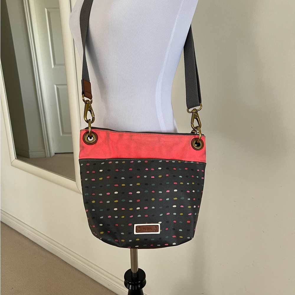 Fossil Coral Trim Gray Polka Dot Crossbody Bag